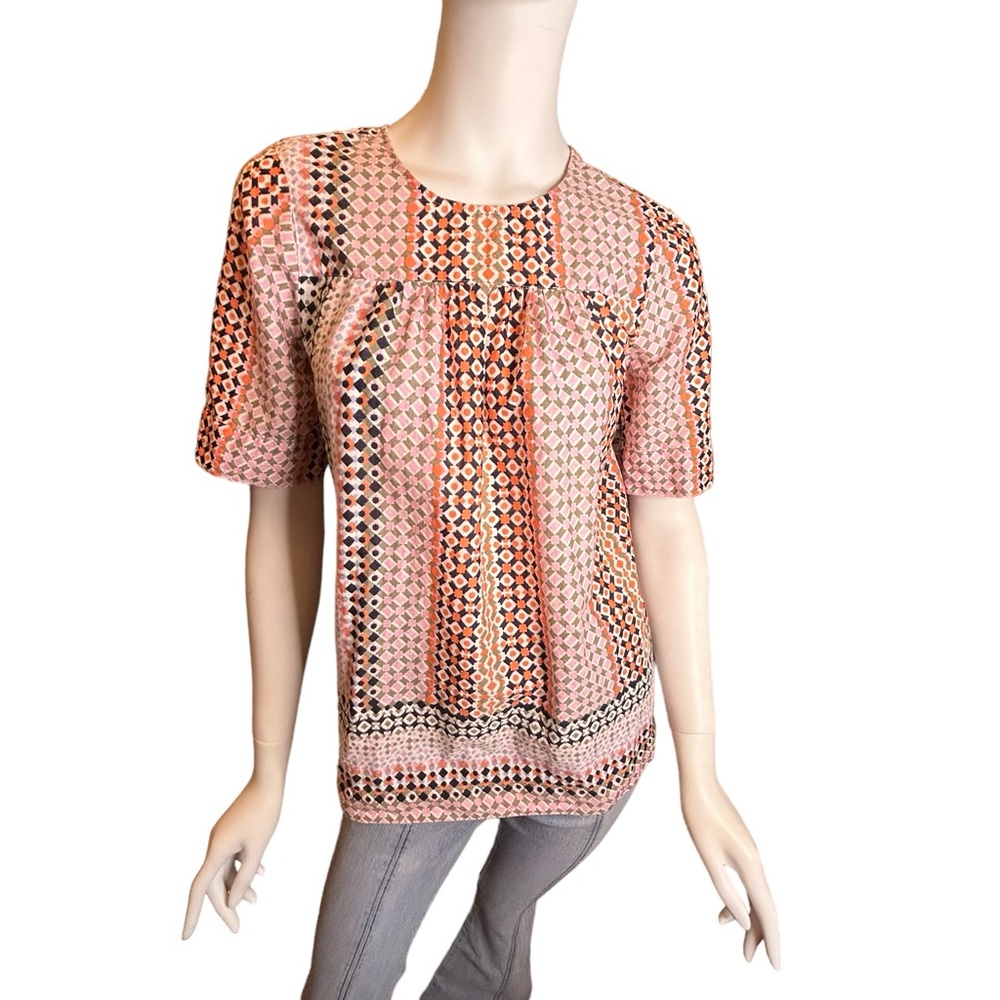 J CREW Women’s Size 4 Pink Geo Print Top Blouse Short Sleeve Cotton